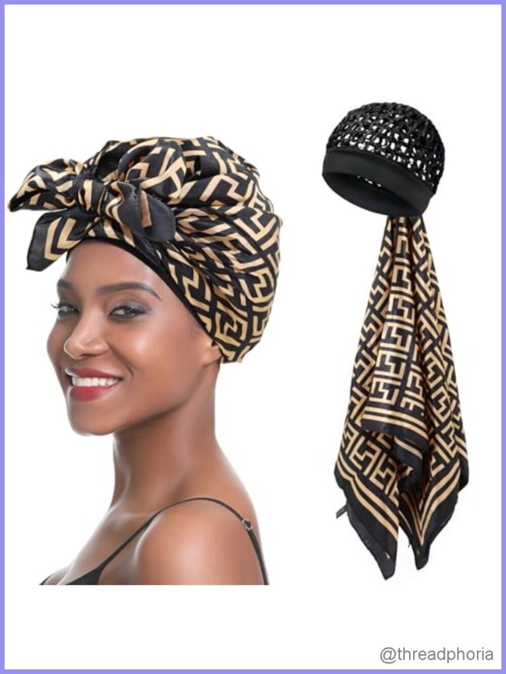 2 in 1 Silk Press Wrap Satin Scarf Hair Net Cap No Marks Stretch